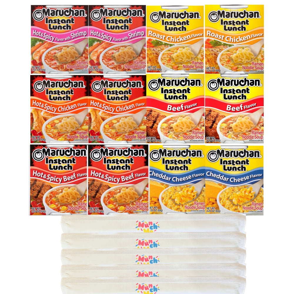 Maruchan Lunch Instant Ramen Cup Variety Set 2.25Oz Each- Flavors Included Hot Spicy Shrimp, Hot Spicy Chicken, Hot Spicy Beef, Roast Chicken, Beef, and Cheddar C