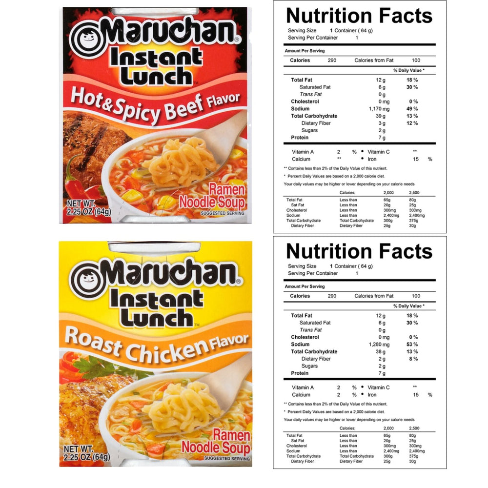 Maruchan Lunch Instant Ramen Cup Variety Set 2.25Oz Each- Flavors Included Hot Spicy Shrimp, Hot Spicy Chicken, Hot Spicy Beef, Roast Chicken, Beef, and Cheddar C