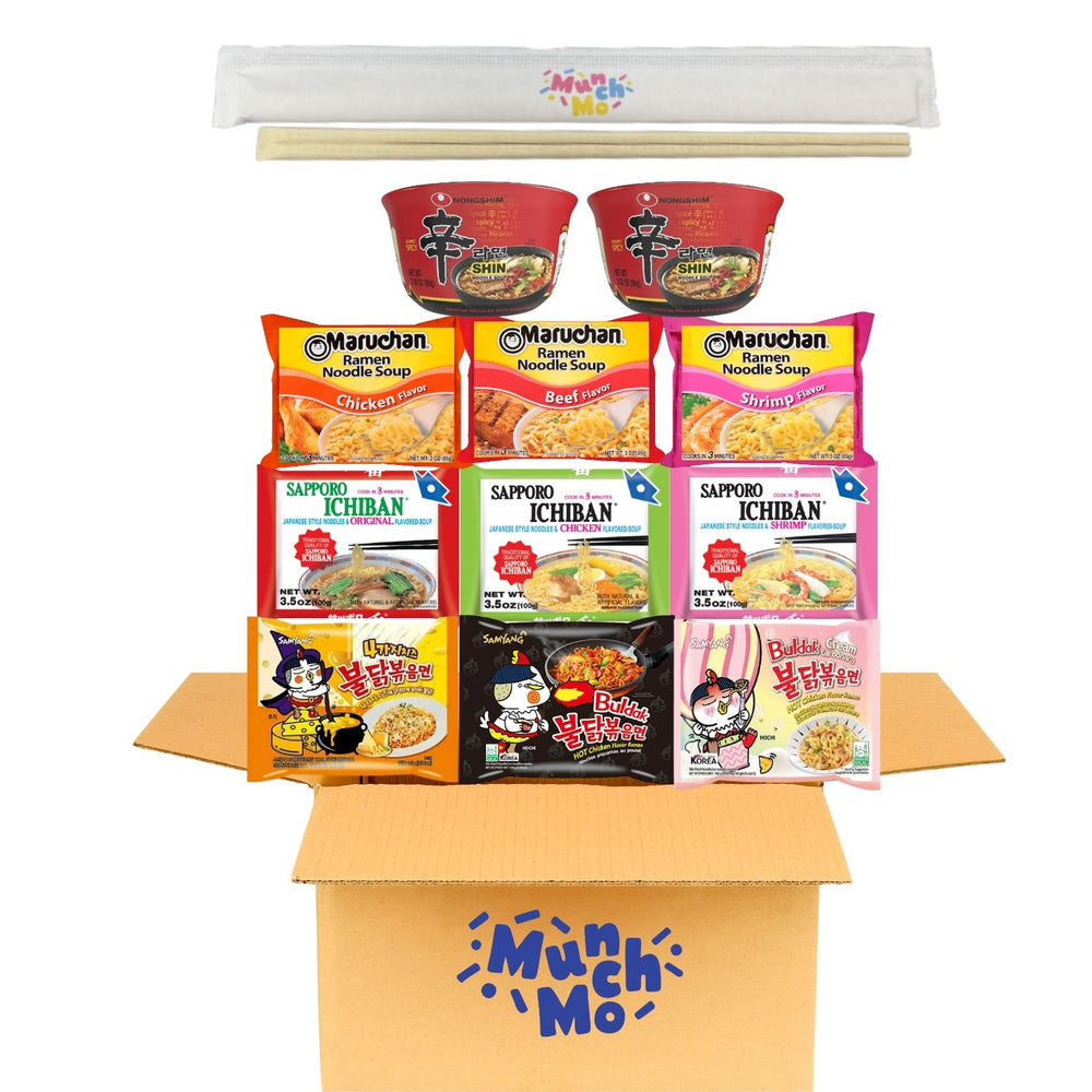 Asia Best Korean and Japanese Favorite Ramen Noodles Variety Pack Sampler - 10 Different Flavors 11 Count - Instant Ramen and Cup Ramen - with MunchMo Chopsticks