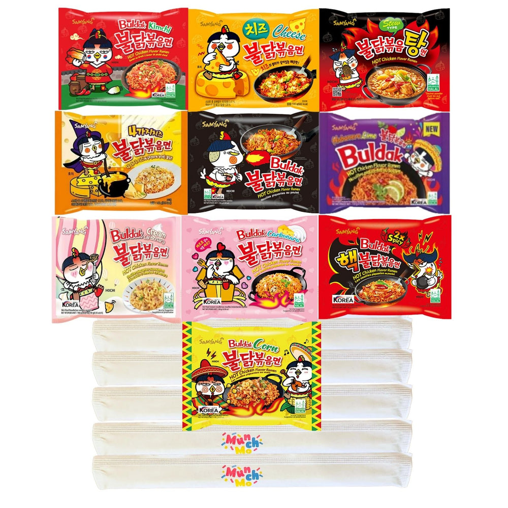 MunchMo Buldak Spicy Chicken Ramen Variety 10 Packs (10 Different Buldak Fire Noodles Combo) with Complimentary Muncho Chopsticks…